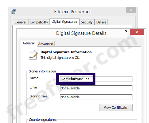 Screenshot of the Gamehitzone Inc. certificate